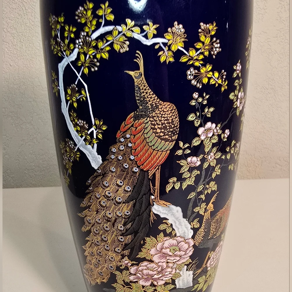 Elegant Cobalt Blue Japanese Oriental Peacock Vase with Floral Design 8.75